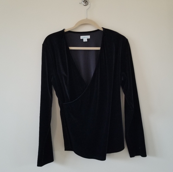Sundance Black Velvet Faux Wrap Surplice Long Sleeve Top Womens Large - Picture 2 of 9